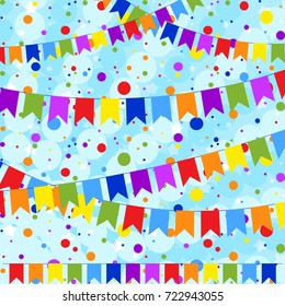 Set of six flat colored garlands isolated in the form of flags on a rope. On the background of colorful confetti. Suitable for design.