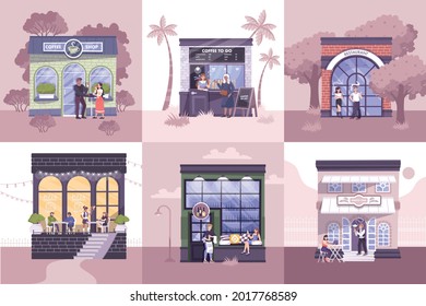 Set of six flat compositions with facade of various commercial buildings and people eating drinking smoking outdoors isolated vector illustration