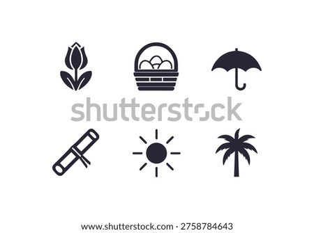 A set of six flat design icons including a tulip eggs umbrella diploma sun and palm tree isolated on a white background.