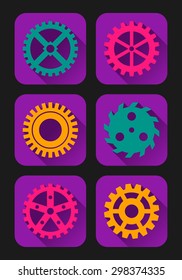 Set of six flat gear icons with long shadows. Vector illustration.