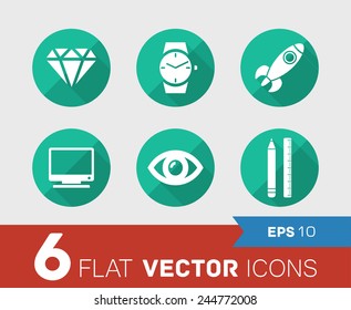 Set of six flat icons with long shadow