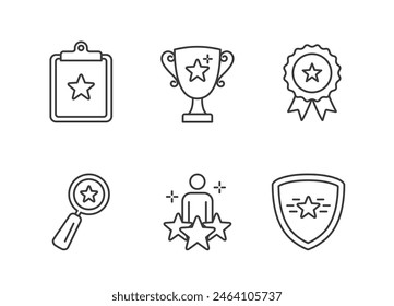 Set of six flat line icons with stars representing achievement and success