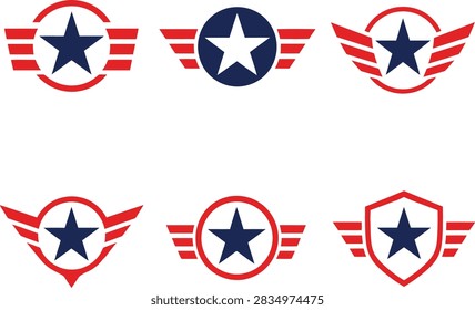 A set of six flat vector badges featuring five-pointed stars, wings, and shields in a classic red, white, and blue color palette. The collection showcases clean graphic layouts, including dark blue stars inside red circular frames with horizontal wing bars, a white star on a solid blue circle, upward-angled wings, a location-pin shaped emblem, and a sharp