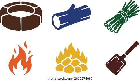 A set of six flat vector icons representing camping and campfire equipment including a fire pit, log, kindling, flames, coal fire, and a shovel.