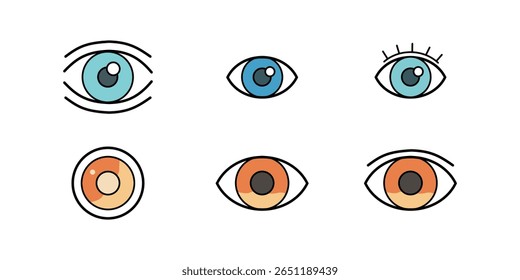 Um conjunto de seis ilustrações vetoriais planas de olhos em vários estilos, apresentando íris azuis e laranja com pupilas pretas, algumas com cílios ou contornos mais amplos. Ideal para visão, percepção ou gráfico 