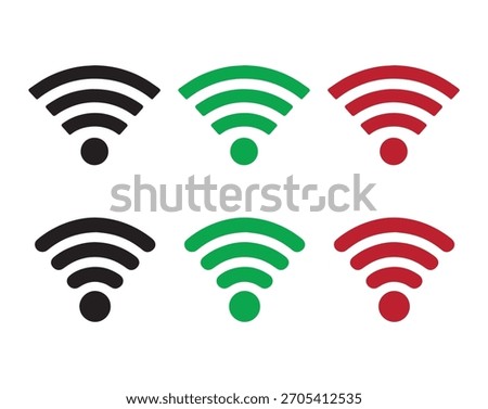 Set of six flat Wi-Fi signal vector icons in black, green, and red. Universal symbols for wireless internet, network connectivity, hotspot location, connection strength, or mobile technology interface