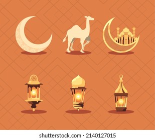 set of six flats eid mubarak icons