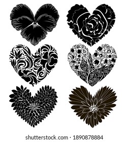 Set of six floral hearts for Valentine's Day, painted in black and white. Stock vector illustration in flat style isolated on white background.