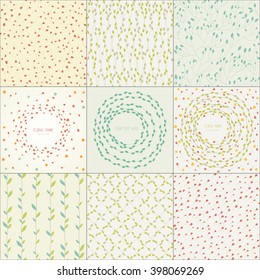 Set of six floral seamless patterns and three round floral frames