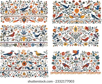 Conjunto de seis diseños de flores y elementos de pájaro, estilo de patrón medieval