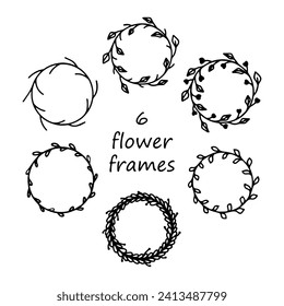 Set of six flower frames isolated on white background in doodle style. Floral arrangements and frames for the decoration of text, postcards and invitations.