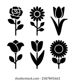 Set of six flower silhouette vector icons in flat, doodle style for creative design projects