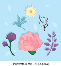 set of six flowers and leaves