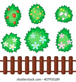 Set of six fluffy bushes with flowers and berries and seamless wooden fence