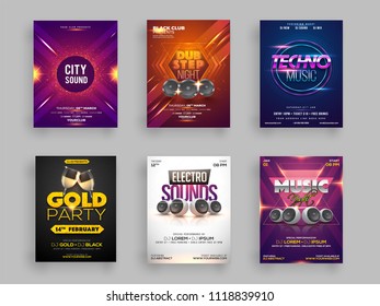 Set of six flyer or template design for Musical party celebration.