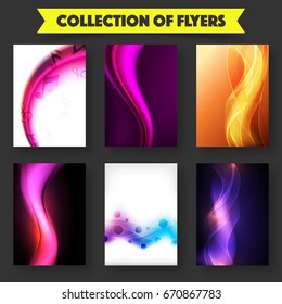 Set of six flyers, templates layout decorated with creative glowing abstract waves design.