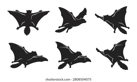 A set of six Flying lemurs in flight, aerial view silhouette vector illustration on a white background