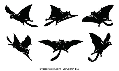 A set of six Flying lemurs in flight, aerial view silhouette vector illustration on a white background