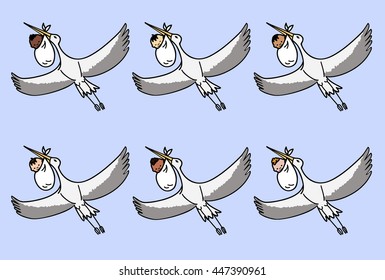 set of six flying storks carrying a bundle with a different nationalities newborn babies