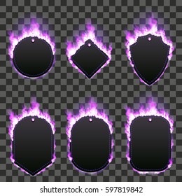 Set of six frames of different shapes with text space surrounded with realistic purple flame isolated on transparent background. Burning fire light effect. Bonfire elements. Gradient mesh vector