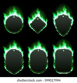 Set of six frames of different shapes with text space surrounded with realistic green flame isolated on black background. Burning fire light effect. Bonfire elements. Gradient mesh vector illustration