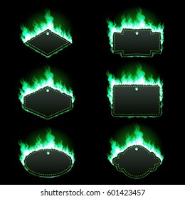 Set of six frames of different shapes with text space surrounded with realistic green flame isolated on black background. Burning fire light effect. Bonfire elements. Gradient mesh vector illustration