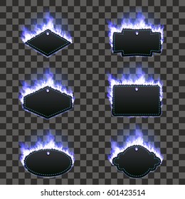 Set of six frames of different shapes with text space surrounded with realistic blue flame isolated on transparent background. Burning fire light effect. Bonfire elements. Gradient mesh vector