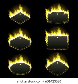 Set of six frames of different shapes with text space surrounded with realistic yellow flame isolated on black background. Burning fire light effect. Bonfire elements. Gradient mesh vector