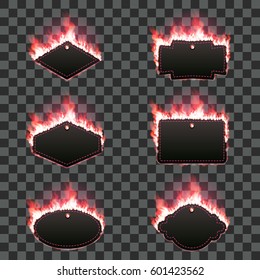 Set of six frames of different shapes with text space surrounded with realistic red flame isolated on transparent background. Burning fire light effect. Bonfire elements. Gradient mesh vector