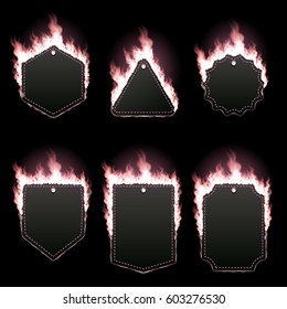 Set of six frames of different shapes with text space surrounded with realistic pink flame isolated on black background. Burning fire light effect. Bonfire elements. Gradient mesh vector illustration