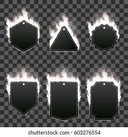 Set of six frames of different shapes with text space surrounded with realistic white flame isolated on transparent background. Burning fire light effect. Bonfire elements. Gradient mesh vector