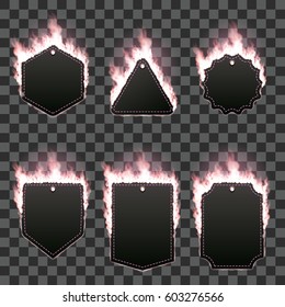 Set of six frames of different shapes with text space surrounded with realistic pink flame isolated on transparent background. Burning fire light effect. Bonfire elements. Gradient mesh vector