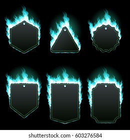 Set of six frames of different shapes with text space surrounded with realistic azure flame isolated on black background. Burning fire light effect. Bonfire elements. Gradient mesh vector illustration