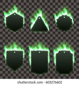 Set of six frames of different shapes with text space surrounded with realistic green flame isolated on transparent background. Burning fire light effect. Bonfire elements. Gradient mesh vector