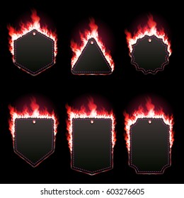 Set of six frames of different shapes with text space surrounded with realistic red flame isolated on black background. Burning fire light effect. Bonfire elements. Gradient mesh vector illustration
