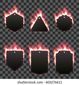 Set of six frames of different shapes with text space surrounded with realistic red flame isolated on transparent background. Burning fire light effect. Bonfire elements. Gradient mesh vector