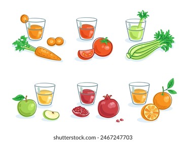 Set of six fresh vegetable and fruit juices. Picture in line style. Template for menu design. Isolated on white background. Vector flat illustration.