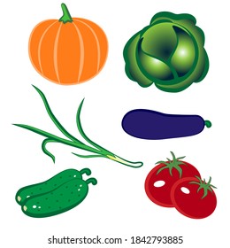 Set of six fresh vegetable garden isolated on white background.