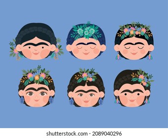 set of six frida kahlo heads