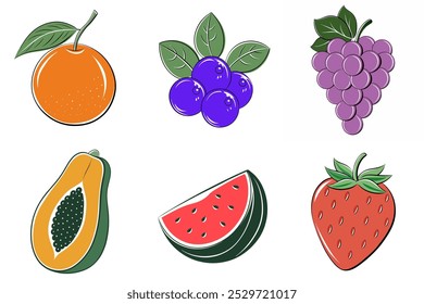A set of six fruit images, including watermelon, strawberries, and blueberries. The images are drawn in a stylized, cartoonish way