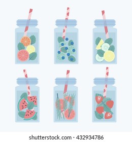 Set of six fruit and vegetables lemonades, smoothies. Infused water illustration.  Mason jars with orange, lemon, mint, blueberry, strawberry, honey, ginger. Collection of flat vector illustration.