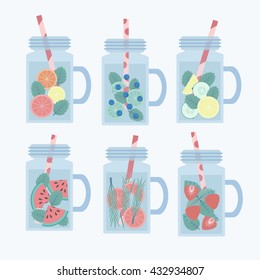 Set of six fruit and vegetables lemonades, smoothies. Infused water illustration. Mason jars with handle with orange, lemon, mint, blueberry, strawberry, honey. Collection of flat vector illustration.