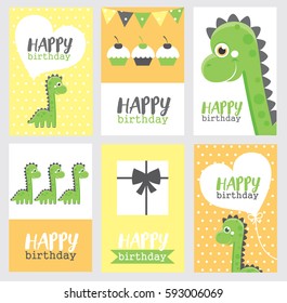 set of six fun Birthday Card with baby dino. Vector illustration