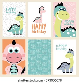 set of six fun Birthday Card with baby dino. Vector illustration