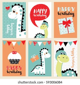 set of six fun Birthday Card with baby dino. Vector illustration