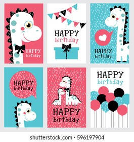 set of six fun Birthday Card with baby dino. Vector illustration

