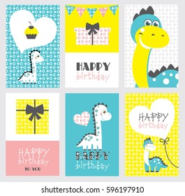 set of six fun Birthday Card with baby dino. Vector illustration

