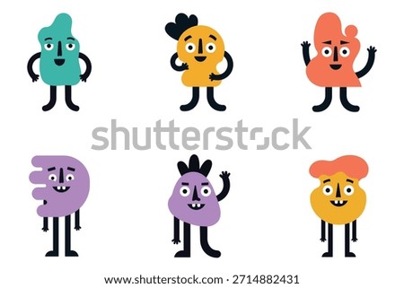 Set of six funny abstract cartoon characters. Colorful vector illustrations of doodle creatures with faces and limbs in trendy flat style