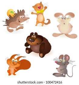 Set of six funny animals - mouse, rabbit, bear, hedgehog, cat and squirrel