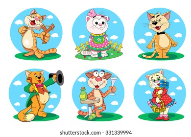 Set of six funny cartoon cats. Vector illustration.